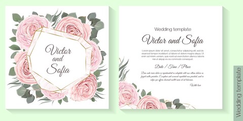 Floral design for wedding invitation. Gold frame in the shape of a crystal, pink roses, green plants, eucalyptus.