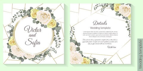 Floral design for wedding invitation. Gold round frame, white and yellow roses, branches with leaves, eucalyptus, green leaves and plants.