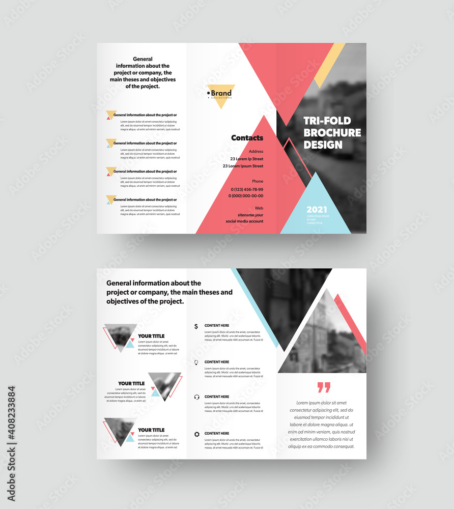 Poster trifold brochure vector template with triangular design, with place for photo, realistic shadows. le