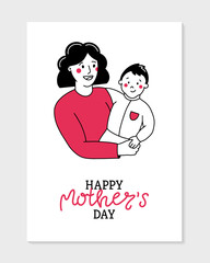 Happy Mother's Day vector postcard in Doodle style. Mom holds the baby