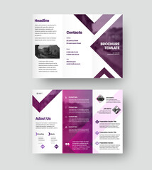 Vector trifold with company information presentation, colorful design, triangles inserts, photo.