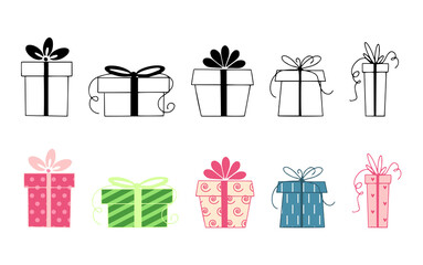 
Set of gift boxes isolated on a white background. Colored and black and white collection. Vector illustration in flat style