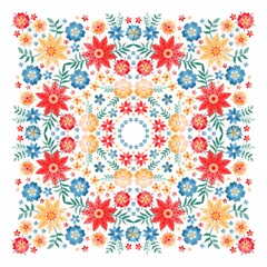 Lovely tablecloth with colorful summer flowers on white background. Bright bandana print. Floral vector ornament.