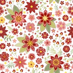 Embroidery in folk style with red and yellow flowers on white background. Vector seamless pattern. Beautiful print for fabric.