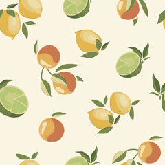 Citrus fruit seamless pattern, orange, lemon, lime. Wallpaper, package, textile, vector illustration.