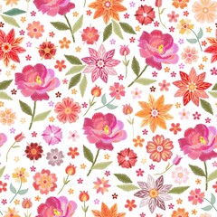 Embroidery seamless pattern with red, pink and yellow flowers on white background. Summer design. Template for clothes, textiles, fashion dresses.