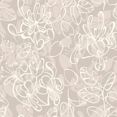 Seamless pattern with honeysuckle flowers and leaves on a beige background.