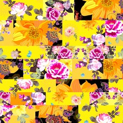 Patchwork seamless pattern with flowers in bright pink and yellow colors. Collage design.