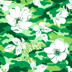 Green camouflage background with white flowers. Seamless pattern.