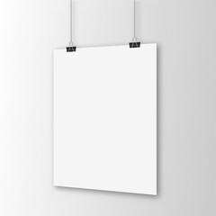 White poster hanging with binder on white background. Perspective view. Vector