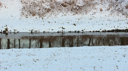 Reflections of trees in winter water.
