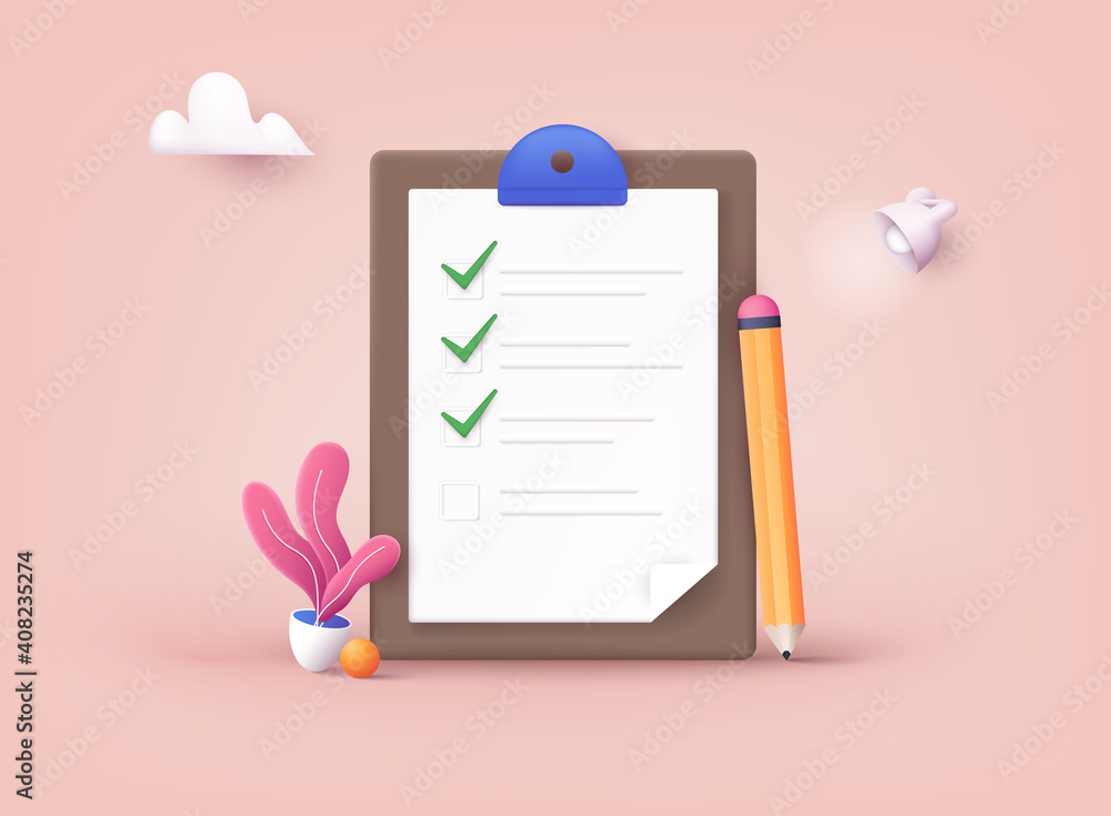 Poster checklist on a clipboard paper. successful completion of business tasks. 3d web vector illustrations