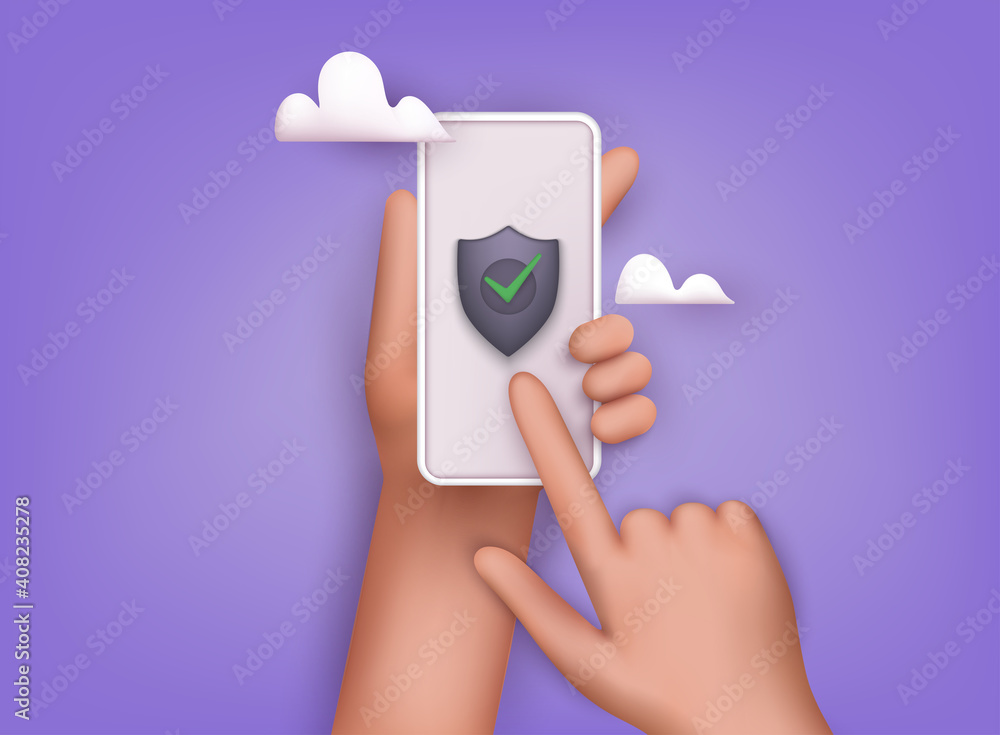 Poster data security concept. mobile security app on smartphone screen. 3d web vector illustrations.