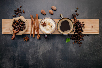  Roasted coffee beans with coffee powder and flavourful ingredients for make tasty coffee setup on...