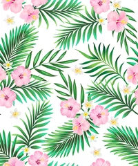 Selbstklebende Fototapeten Vector tropical pattern with hibiscus flowers and exotic palm leaves. Trendy summer background. Summer floral illustration. © Logunova  Elena