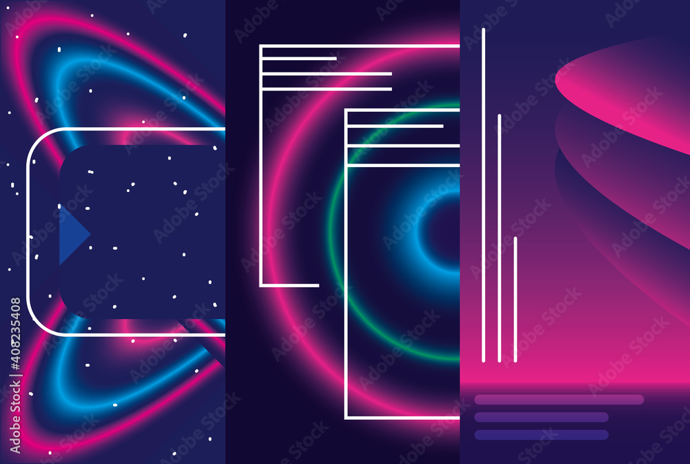 Sticker neon three backgrounds vector design