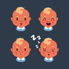 Vector illustration of baby boy face set on dark background. Sleep, laugh, wonder, angry expression