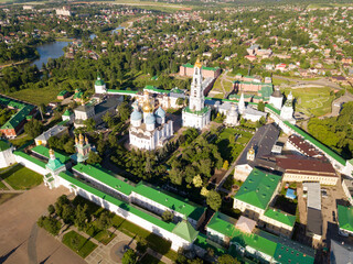 Aerial view of architectural ensemble of Trinity Lavra of St. Sergius in Russian town of Sergiev Posad