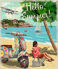 Hello summer poster with hippie vintage scooter and girl.