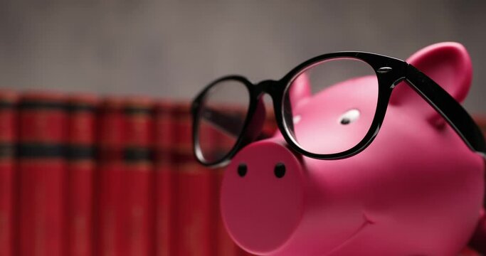 piggy bank nerd turning from rigth lo left and camera moving from left to right