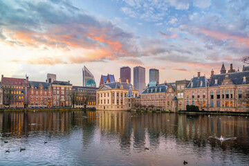 Binnenhof castle (Dutch Parliament) cityscape downtown skyline of  Hague in Netherlands