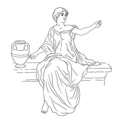 A young slender woman in an ancient Greek tunic sits on a stone parapet next to a jug of wine and gestures. Figure isolated on white background.