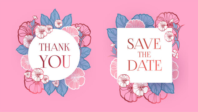 Flower label set with hand drawn flowers. Wedding, anniversary, birthday invitation. Thank you and save the date banner