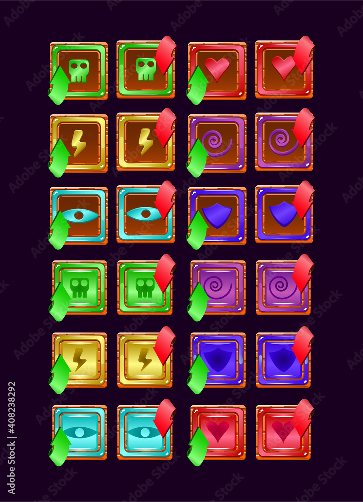 Poster set of game ui wooden jelly magic power up icon for gui asset elements vector illustrationset of gam