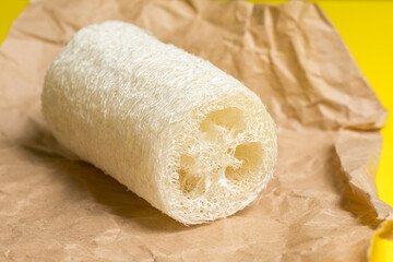 Luffa sponge for zero waste dish washing or bath on a yellow background close-up. eco friendly