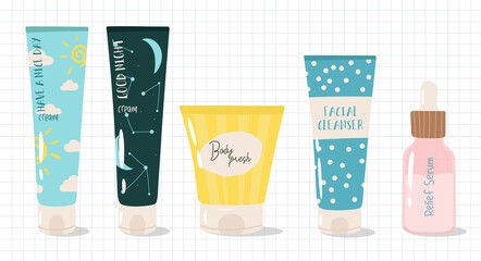 Cute hand-drawn skin care products in Scandinavian style. Hygge time. Set of vector illustrations of cosmetics. Beauty industry. Cream, serum, body care, facial cleanser.