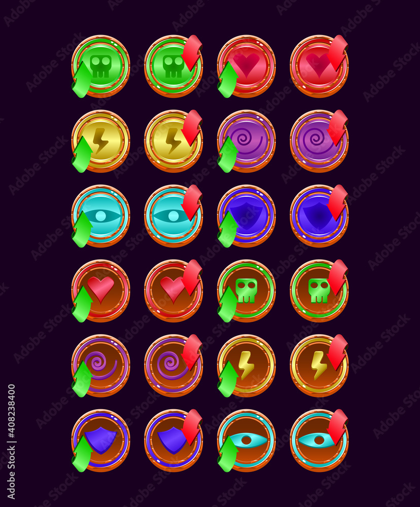 Aufkleber set of game ui rounded wooden jelly magic power up icon for gui asset elements vector illustration