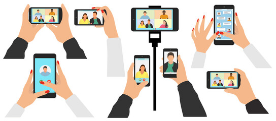 Human hand holds mobile phone, telephone on tripod, set. Screen of smartphone. Video call and online chat. Virtual communication via the Internet. Beautiful male and female hands. Vector illustration