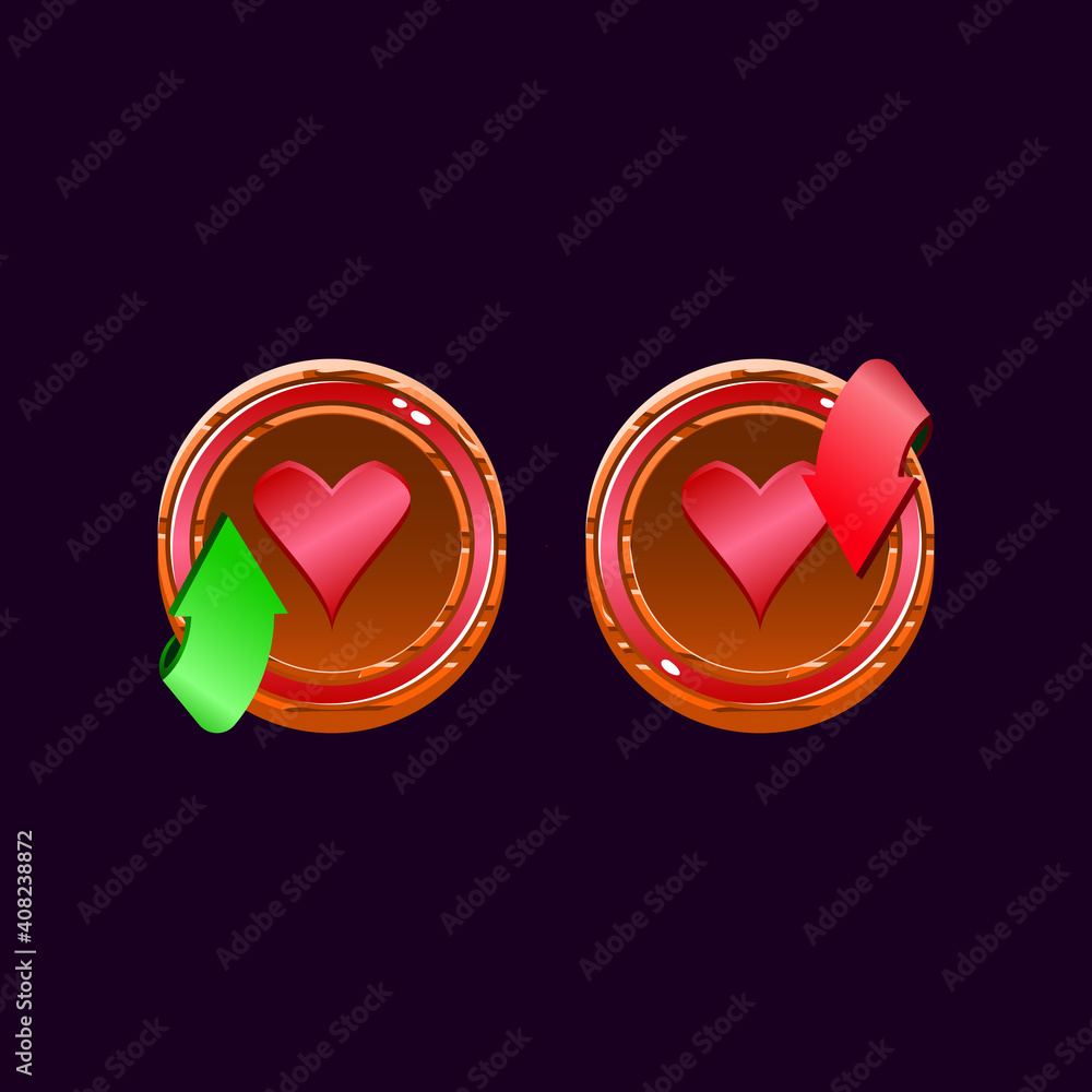 Poster set of game ui funny rounded wooden jelly magic power up with health icon for gui asset elements vec