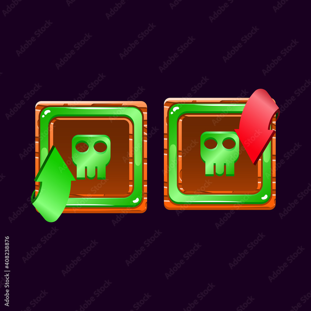 Poster set of game ui wooden jelly magic power up with poison icon for gui asset elements vector illustrati