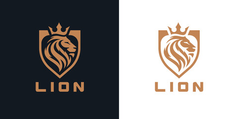 Lion head shield logo icon. Royal gold crown badge symbol. Premium king animal sign. Vector illustration.
