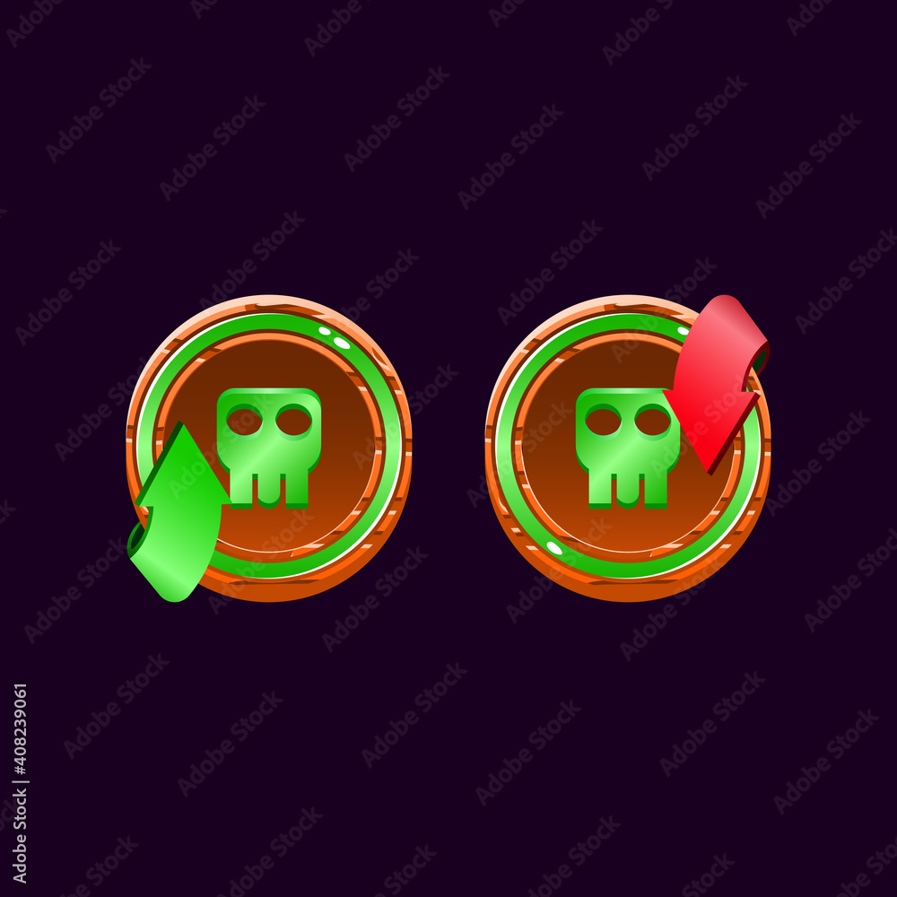 Poster set of game ui rounded wooden jelly magic power up with poison icon for gui asset elements vector il