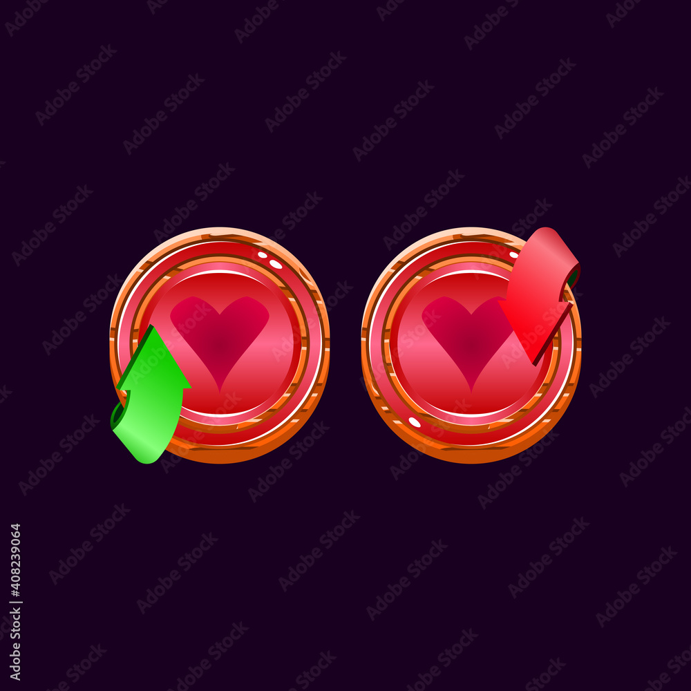 Aufkleber set of game ui rounded wooden jelly magic power up with heart icon for gui asset elements vector ill