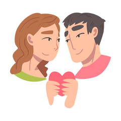 Young Couple in Love Holding Heart Vector Illustration