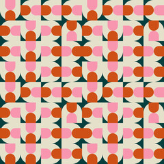 Modern vector abstract seamless geometric pattern with semicircles and circles in retro scandinavian style. Pastel colored simple shapes background.
