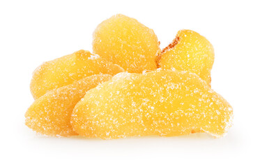 Dried ginger with sugar isolated on white background.
