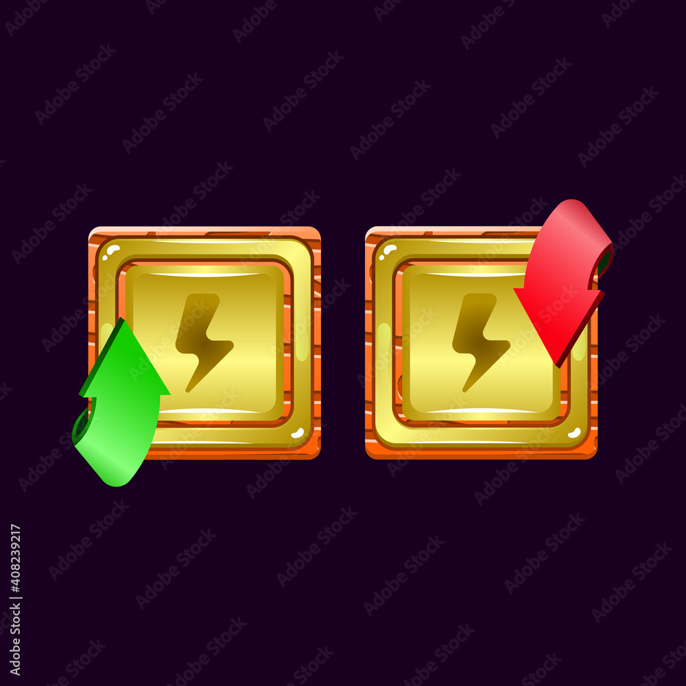 Poster set of game ui wooden jelly magic power up with energy icon for gui asset elements vector illustrati