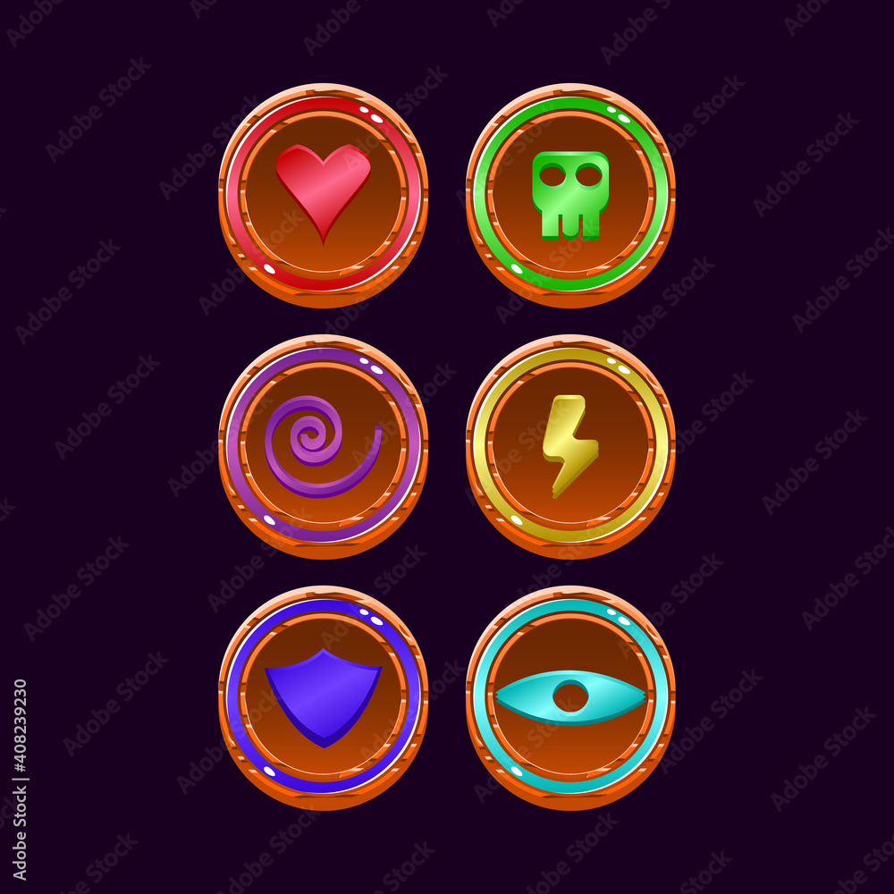 Poster set of fantasy game ui wooden jelly magic power up icon for gui asset elements vector illustration
