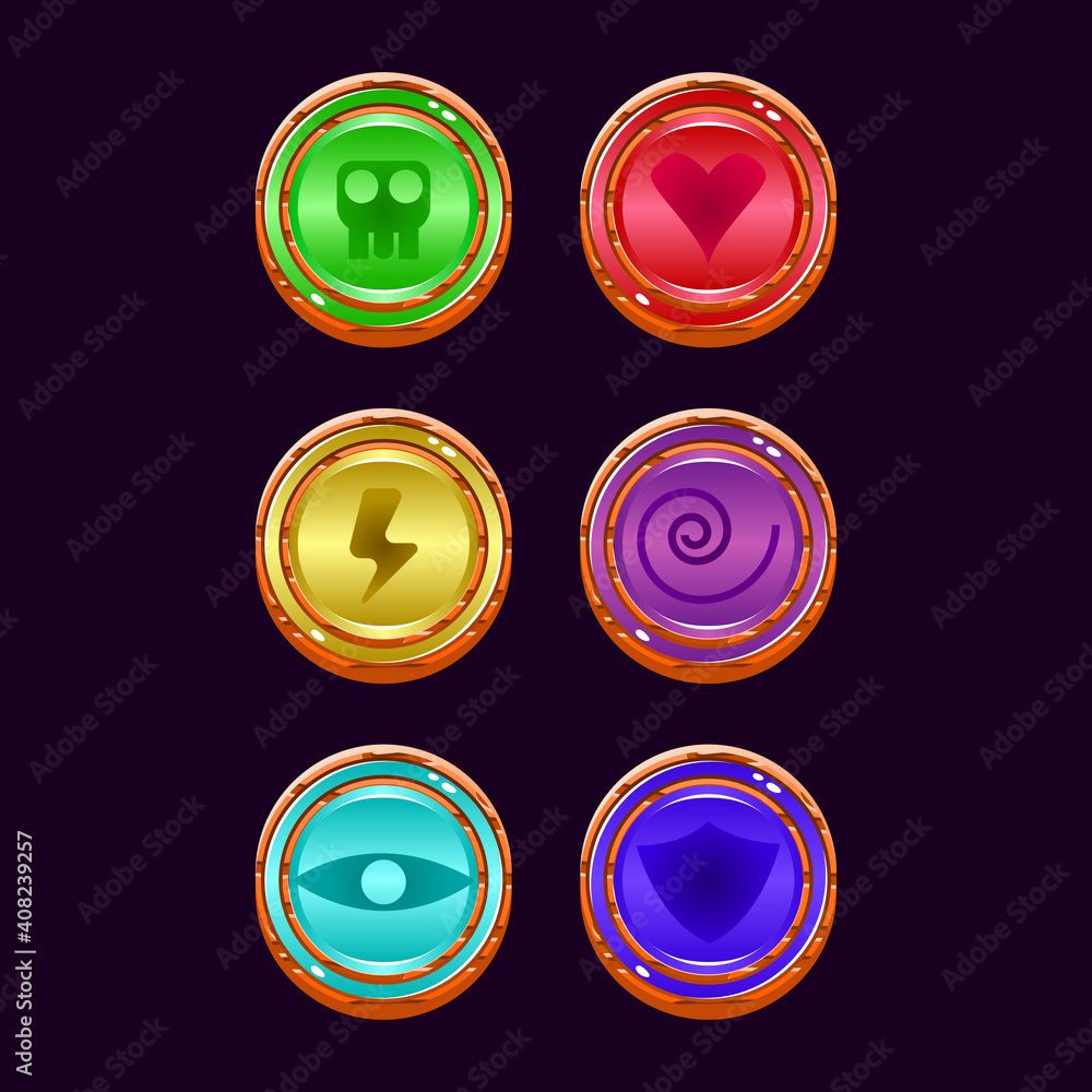 Poster set of game ui rounded wooden jelly magic power up icon for gui asset elements vector illustration