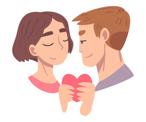 Enamored Couple in Love Holding Heart Feeling Devotion Vector Illustration