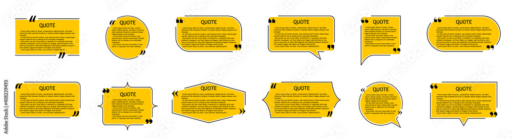 Poster quote of text in box. quotation, comment, dialog with frame. speech bubble in shapes with title, com