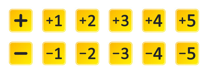 Plus and minus icon. Sign of plus for mark and add more number. Symbol of minus for web button. Logo with 1, 2 and 3 number for positive or negative information. Set of orange stamps. Vector