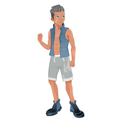 Senior vector boy wearing blue vest and gray beach pants, topless muscles
