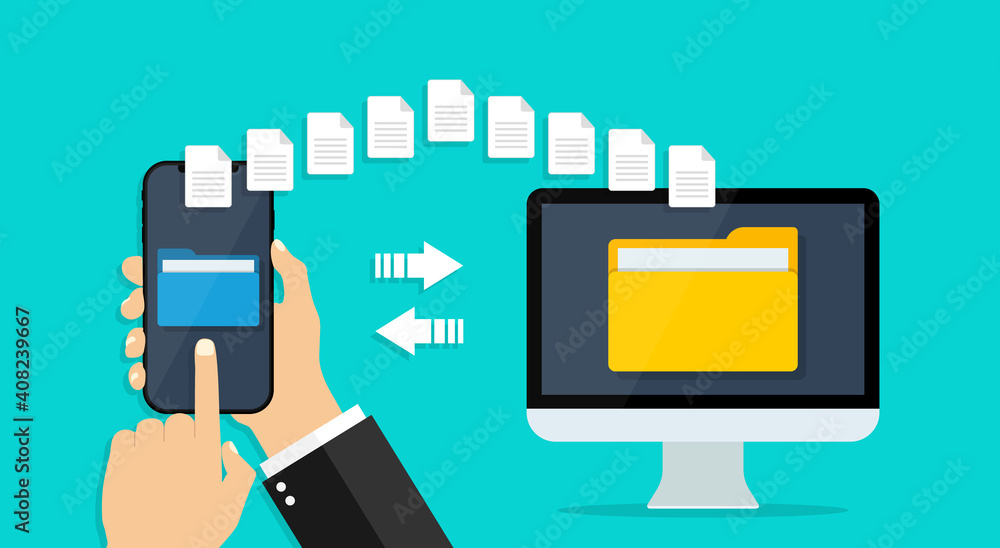 Poster file transfer from phone to computer. folder with data in cellphone. send, backup, copy, share docum