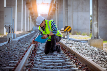 Portrait engineer under inspection and checking construction process railway and checking work on...
