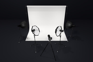 Photography photo studio with professional lighting equipment on background